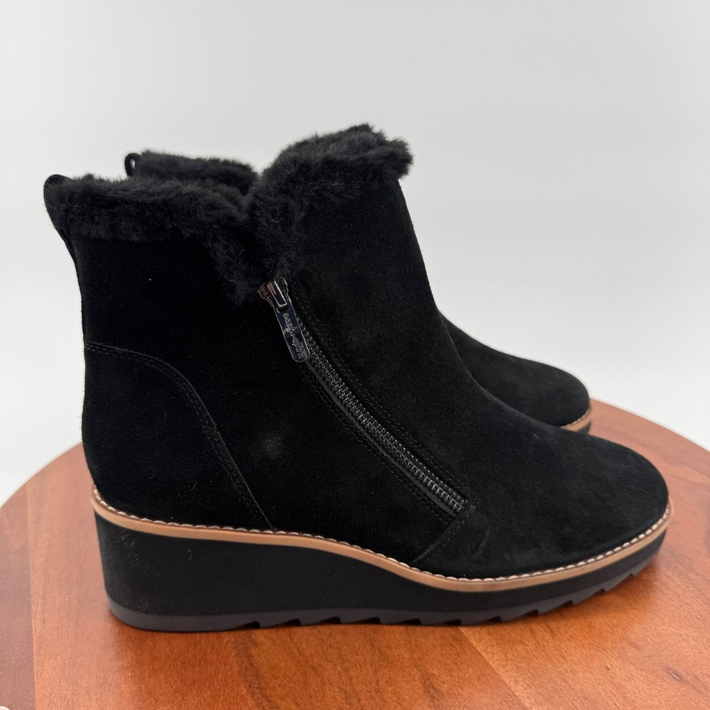 Easy Spirit Sejane Black Suede Faux Fur Wedge Ankle Boots Womens 9.5M Zip Up